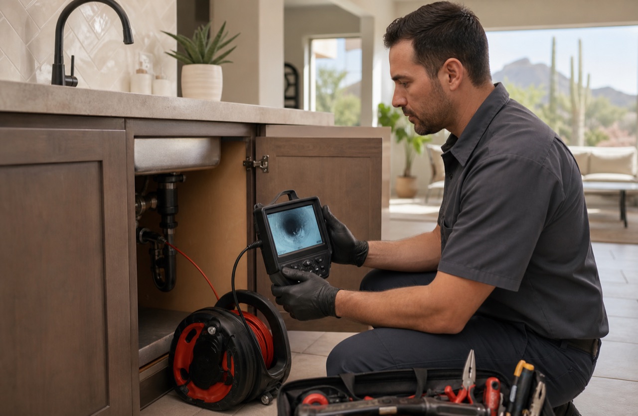 Drain technician using a camera inspection system in a Gilbert home